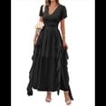thumbnail image 1 of Vestidos Midi Holgados de Verano para Mujer, Informales, con Escote en V, Volantes, Corta, Dobladillo Irregular, Cintura Alta Negro L, 1 of 7