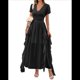 thumbnail image 1 of Vestidos Midi Holgados de Verano para Mujer, Informales, con Escote en V, Volantes, Corta, Dobladillo Irregular, Cintura Alta Negro L, 1 of 7