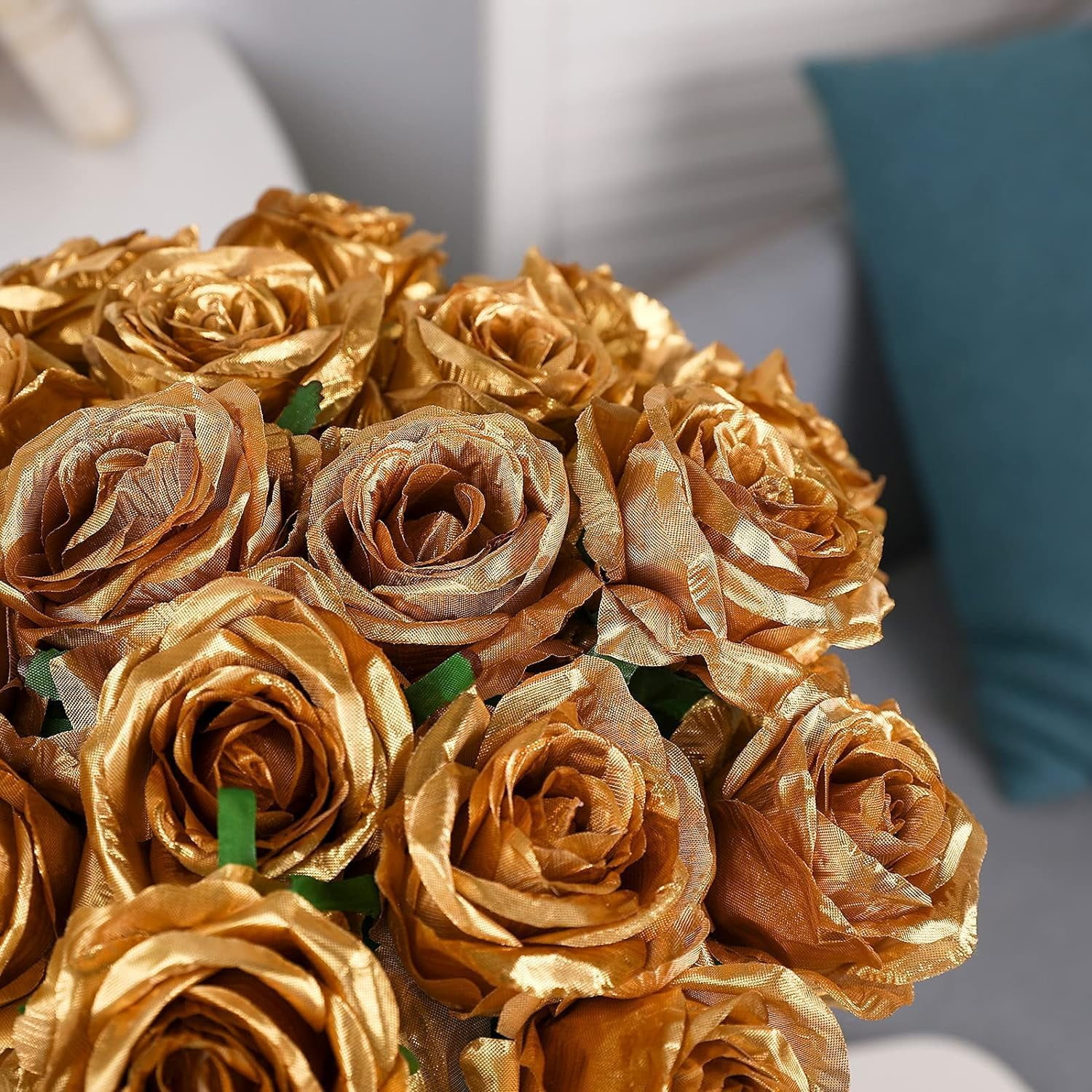 Gold Fake Roses Artificial Flowers - Fake Artificial Roses Silk Flowers with Stems for Home Wedding Hotel Office Centerpiece Decor