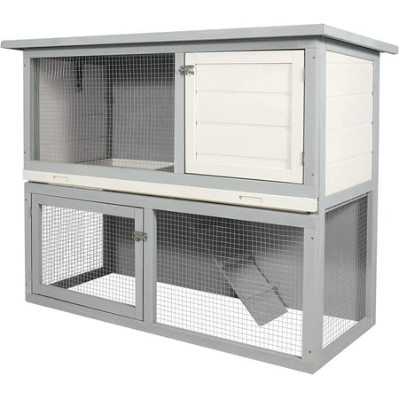 Lineslife Large Rabbit Hutch Without Wire Bottom for Outdoor, 48'' Weatherproof 2 Story Bunny Cage for 2~4 Rabbits with Pull Out Tray and Run, Grey