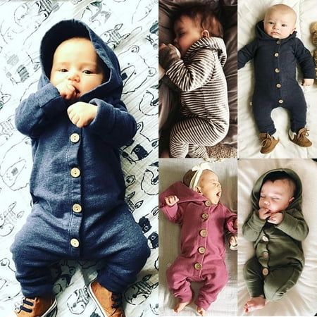 100%Cotton Newborn Baby Boy Girl Kids Cotton Hooded Romper Jumpsuit Clothes Outfit