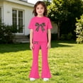 thumbnail image 2 of EnJoCho Girls Cute 2 Piece Outfits Teens Bow Graphic Sweatsuit Kids Summer Tracksui𝗍 Casual Short Sleeve Tops Flare Pants Set Girls Shorts Sleeve Tops Pants Set, 2 of 5