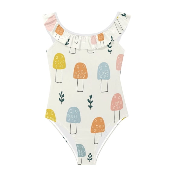 Girls Ruffled One Piece Swimsuit Summer Beach Vacation Swimwear Tank Swimsuit Colorful Mushroom