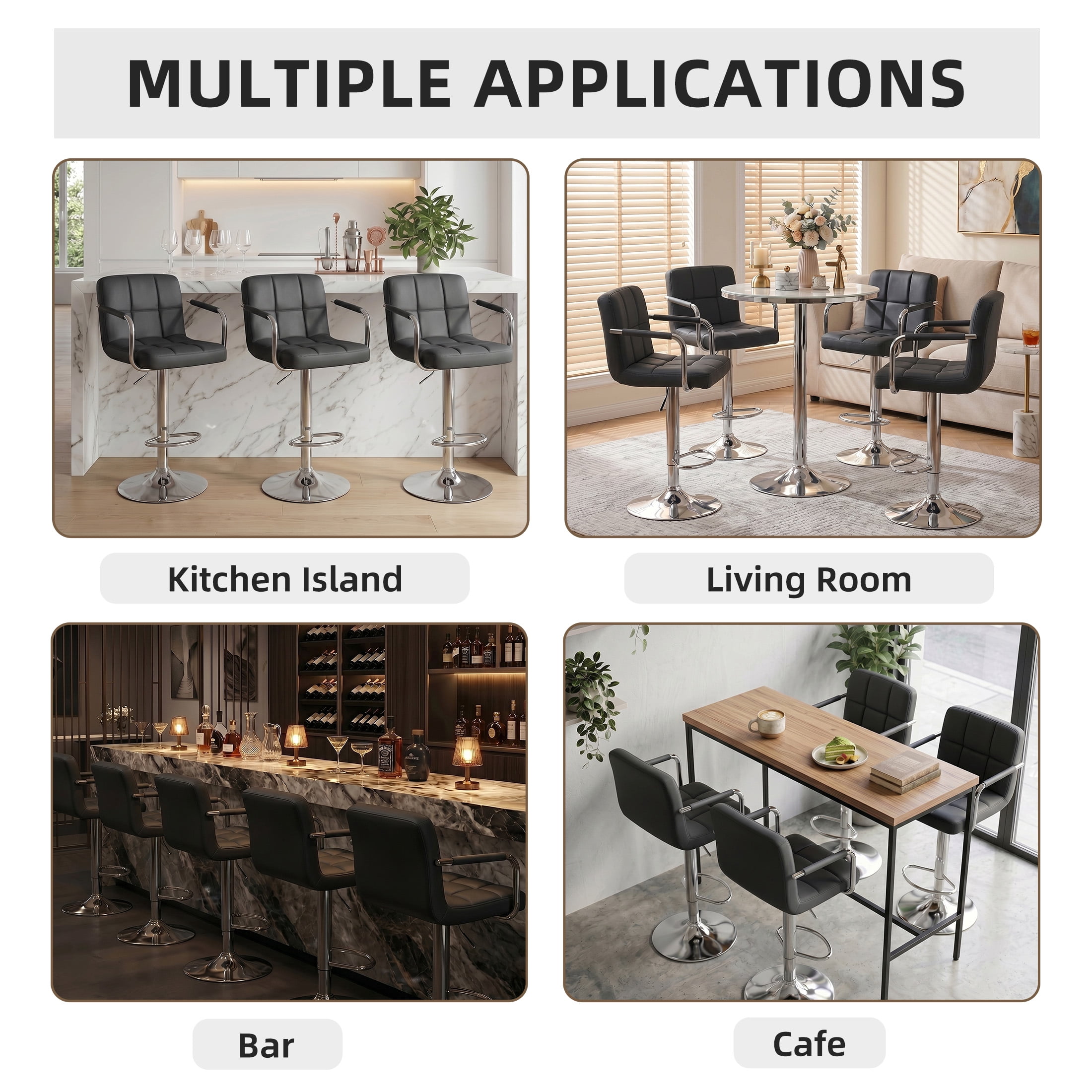 CONCETTA Set Of 2 Swivel Bar Stools With Armrests, Made of Adjustable Pu Leather with Back & Footrest,Black