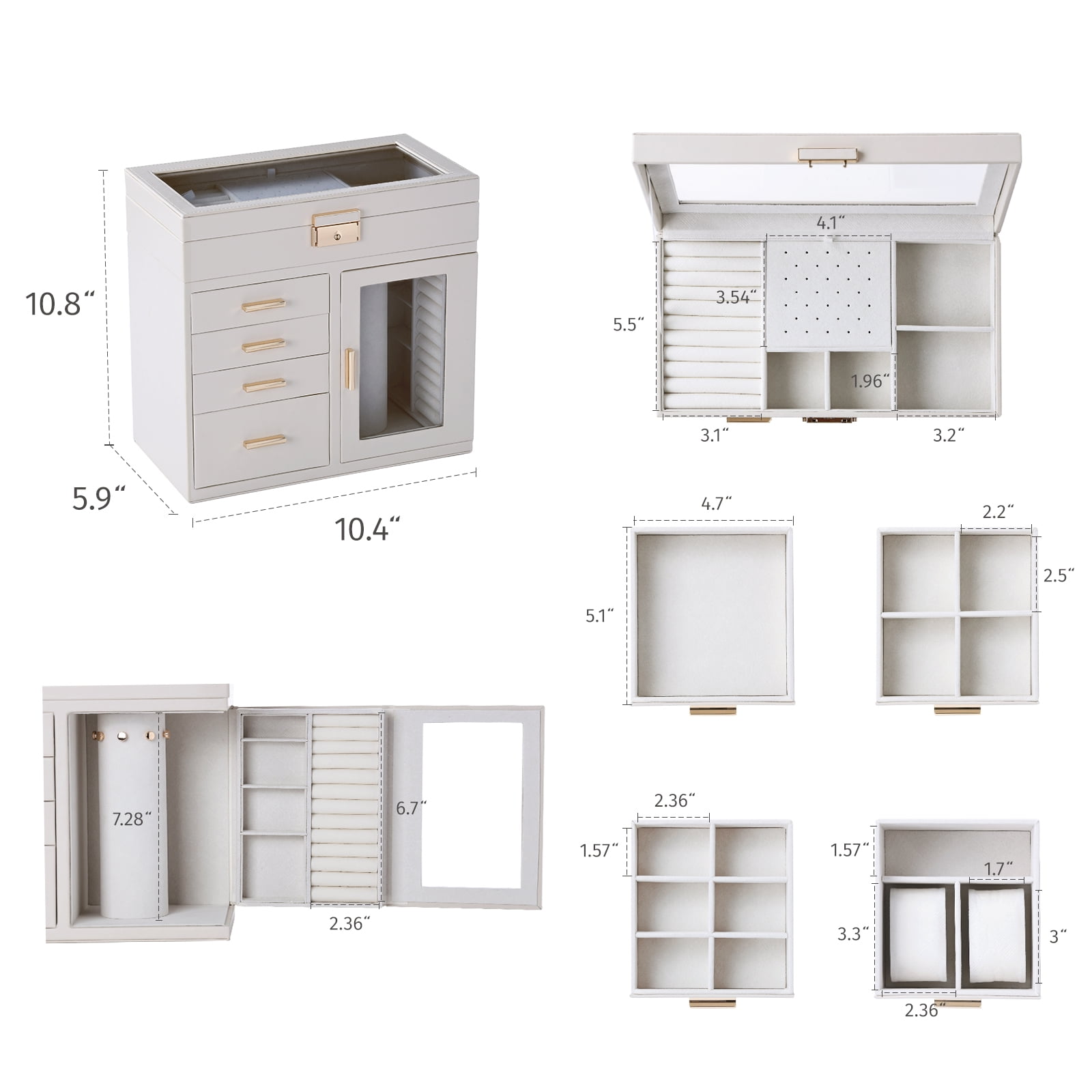 Casegrace 5-Tier Huge Jewelry Organizer with 4 Drawers, Clear Window Flip Lid Jewelry Box, Rotating Column Necklace Storage Case, Clear Open-door Standing Holder for Earrings, Rings