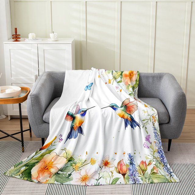 Erosebridal Animal Hummingbird Flannel Blanket 60x80,Colorful Floral Sherpa Blanket,Bird Bedroom Decor