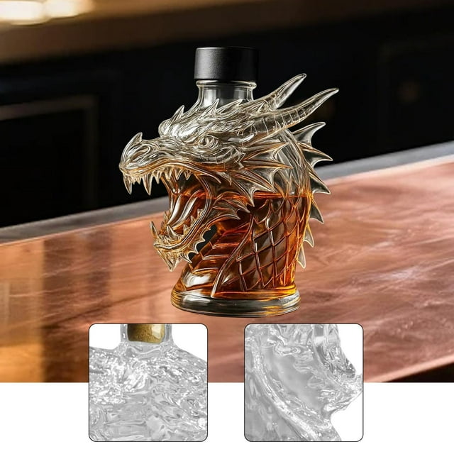 Decantador de whisky con forma de cabeza de dragón, decantador de vino, vaso vacío transparente de 320 ml, regalo para hombres, papás y esposos,