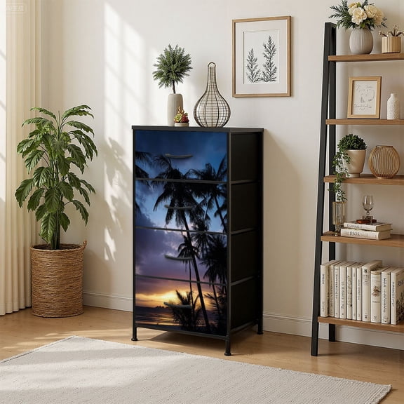 4 Drawer Vertical Storage Dresser Selective focus Stunning view dramatic sunset silhouette coconut palm with Wood Top Fabric Pull Drawers