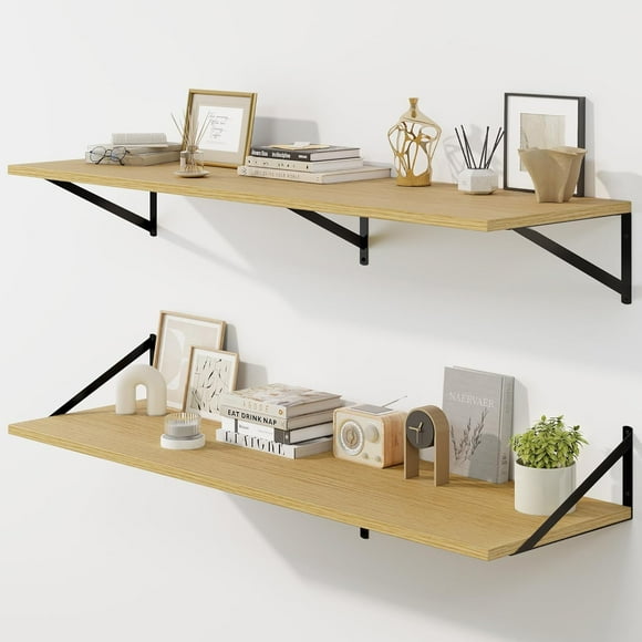 Floating Shelves for Wall, 12 Inch Deep Floating Shelves Set of 2, 48W x 12D Large Wall Shelf with Sturdy Metal Brackets for Living Room, Bathroom, Bedroom and Kitchen, Oak