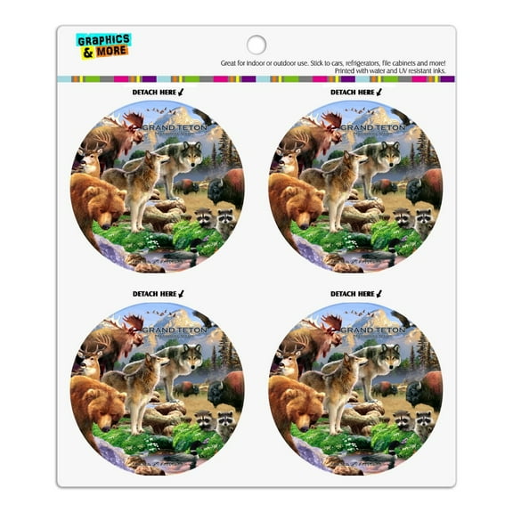 Grand Teton National Park Wyoming Animals Wolves Moose Bear Bison Refrigerator Fridge Locker Vinyl Circle Magnet Set