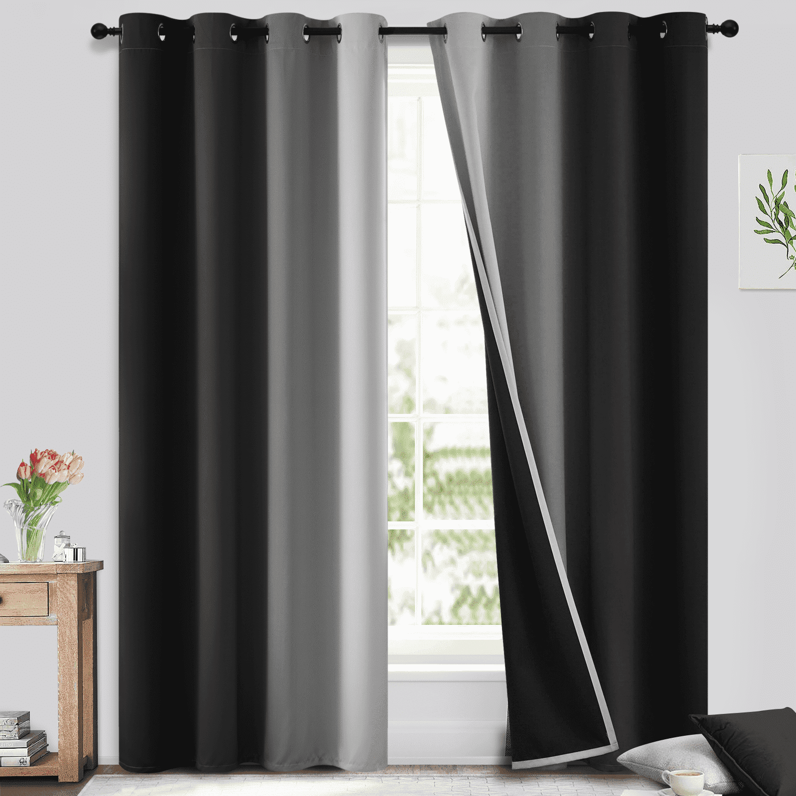 Yakamok Ombre 100% Blackout Curtains for Bedroom, Room Darkening Gradient Black Curtains for Living Room Grommet Window Curtains 84 inches Long,2 Panels,52x84 inch