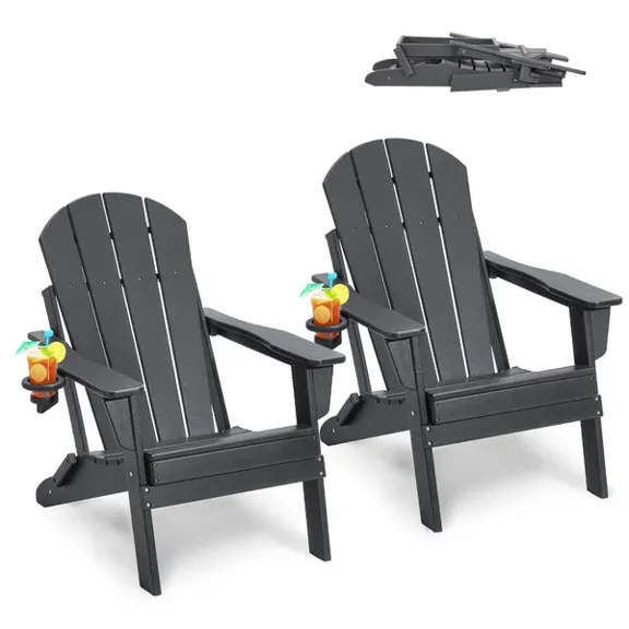 Gray All Weather Folding Fire Pit Adirondack Chair Plastic Set of 2