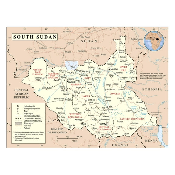 Palmetto Posters 24x31 Laminated Poster: Large detailed political and administrative map of south sudan with roads railroads cities and airports