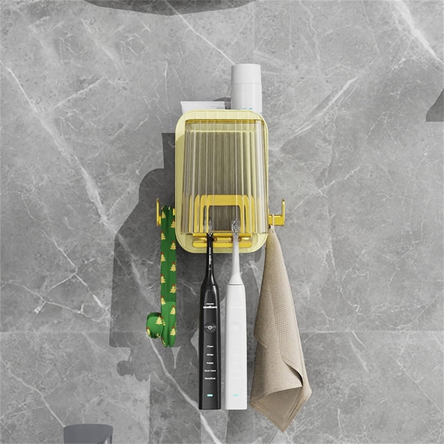 Storage Rack Toothbrush Holder with Rinse Cup Non-Punching Wall Mount Storage Rack for Bathroom Organization(Yellow,1-Piece) Rkxzt