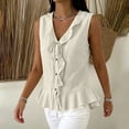 thumbnail image 4 of Dressy Tie Front Linen Tank Tops for Women Summer Ruffle Loose V Neck Sleeveless Going Out Tee Shirts, 4 of 7