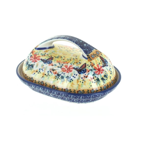 Blue Rose Polish Pottery Blue Butterfly Butter Dish with Handle
