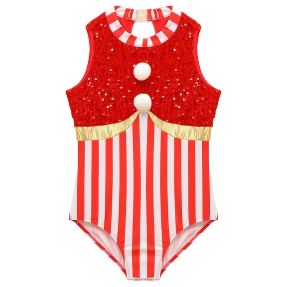 inlzdz  Girls Christmas Leotard Candy Cane Sleeveless Striped Gymnastics Dance Jumpsuit Performance Dancewear Red 14
