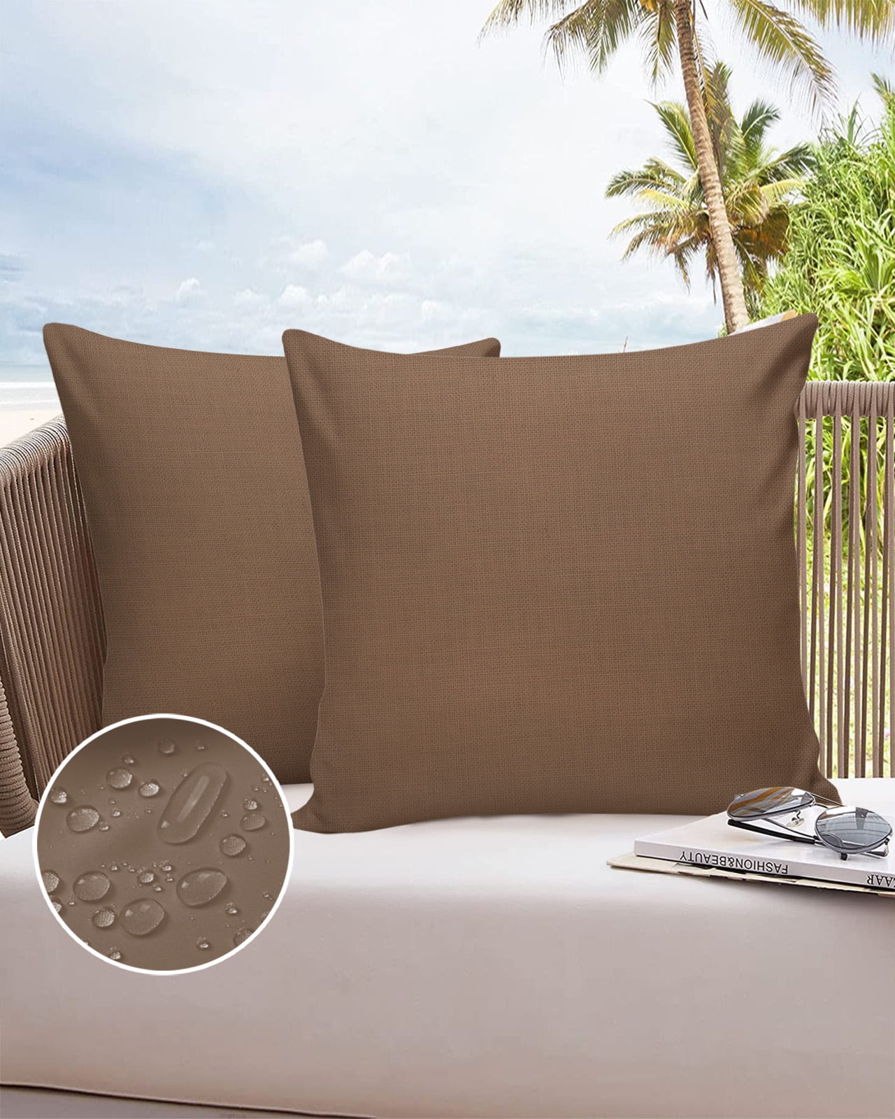 Pack of 2 Outdoor Pillow Covers, Solid Color Brown Waterproof Square Throw Pillowcase Cushion Decorative Pillow Covers for Couch Patio Tent, 26x26 in