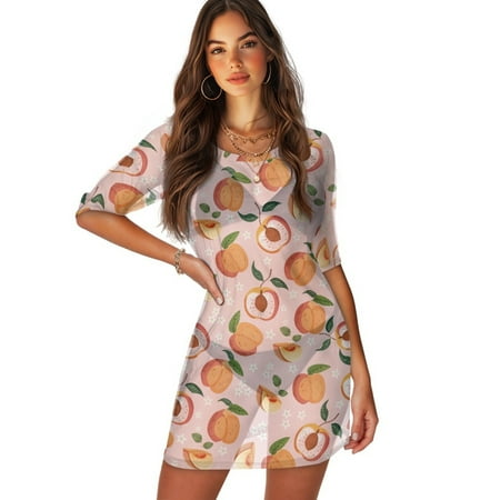 FKELYI Pink Peach Leaf Print Women s Swimsuit Cover Ups Round Neck Swimwear Cover-Up Half-Sleeve Beachwear Chiffon Bikini Beach Dress for Ladies Summer Vacation Swimming  L