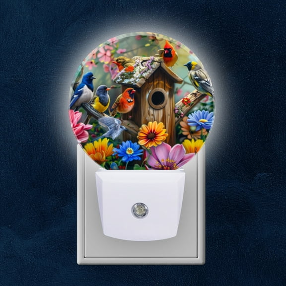 Night Light Plug into Wall,Dusk to Dawn Sensor Auto-On/Off for Bathroom, Hallway,Kids Room-Colorful Birdhouse With Various Birds Perched On Branches