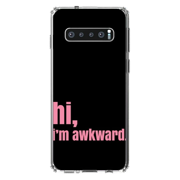 DistinctInk Clear Shockproof Hybrid Case for Samsung Galaxy S10 (6.1" Screen) - TPU Bumper, Acrylic Back, Tempered Glass Screen Protector - Black Pink "hi, I'm awkward."