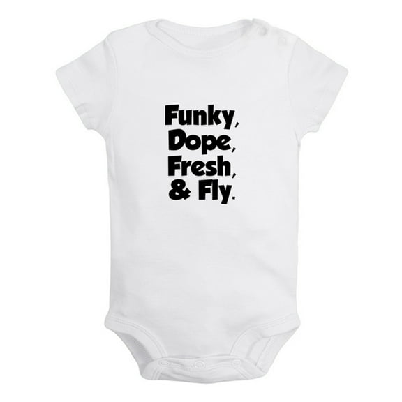 Funky Dope Fresh & Fly Funny Rompers For Babies, Newborn Baby Unisex Bodysuits, Infant Jumpsuits, Toddler 0-12 Months Kids One-Piece Oufits (White, 12-18 Months)