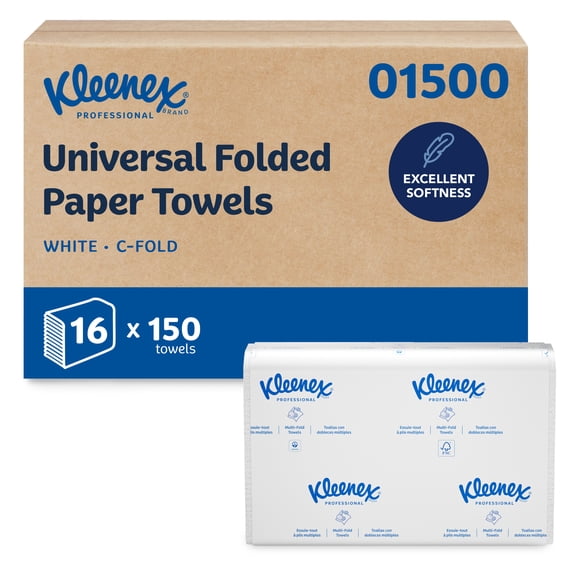 Kleenex Professional Universal C-Fold Folded Paper Towels, Bulk (01500), Absorbent, White (150 Sheets/Pack, 16 Packs/Case, 2,400 Sheet Total)