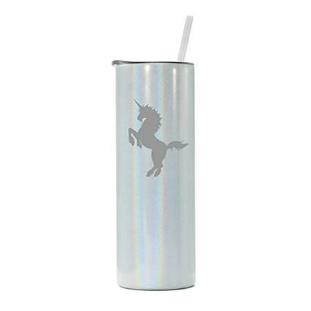 

20 oz Skinny Tall Tumbler Stainless Steel Vacuum Insulated Travel Mug Cup With Straw Unicorn (White Iridescent Glitter)