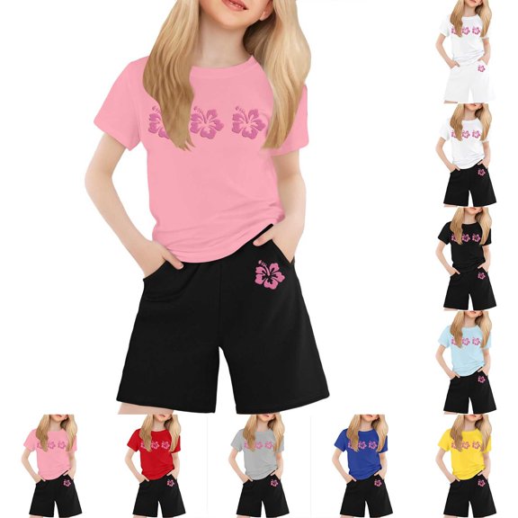 LRen Girls Outfits Size 7/8 Graphic Print T Shirt Top and Shorts Pants Set Crew Neck Loose Activewear Clothing Set for Girls Outdoor Casual Clothes