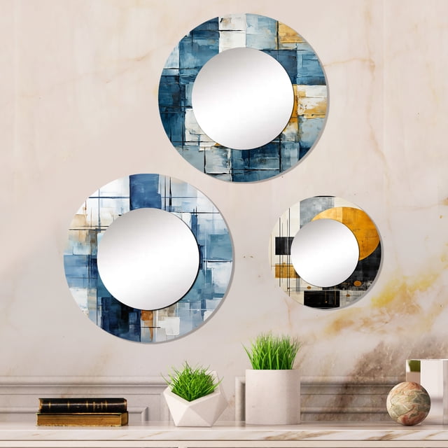 Designart "Cubism Shapes In Cerulean" Abstract Shapes Round Mirror Set Of 3 - Modern Blue Round Bedroom Mirror Wall Decor Set