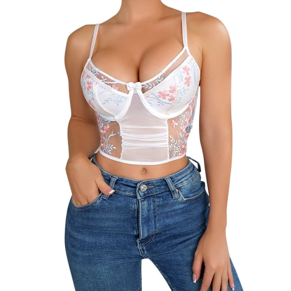 Ticikt Women's Floral Lace Bustier Corset Bralette Crop Top for Party and Evening Wear,Color:White