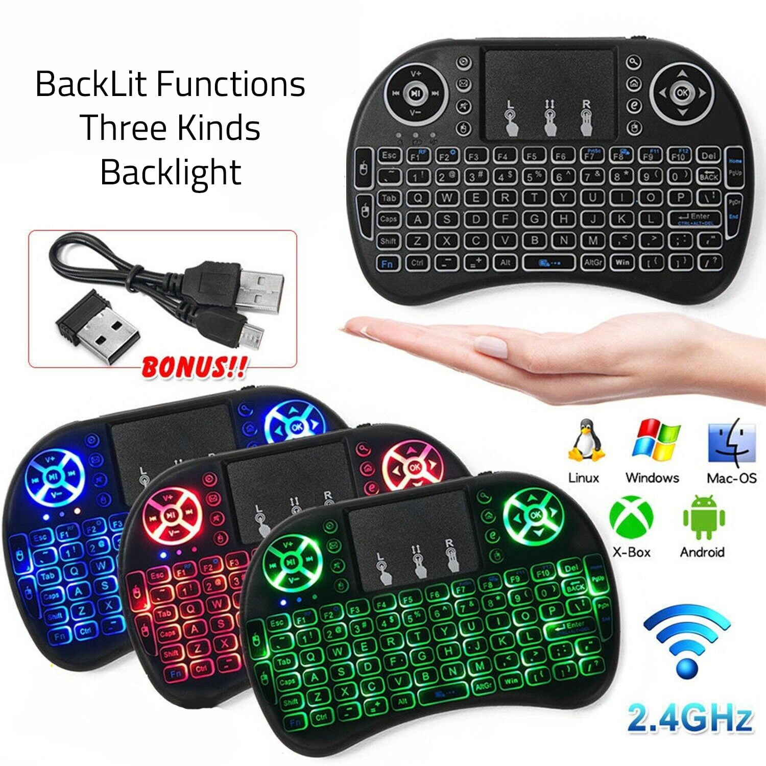 Wireless Mini Keyboard Remote Control Touchpad Mouse Combo Controller with RGB Backlit for Android TV Box Smart TV with OS+USB PC Computer Laptop Window OS HTPC Home Theater PC + USB 2.4GHz Dongle