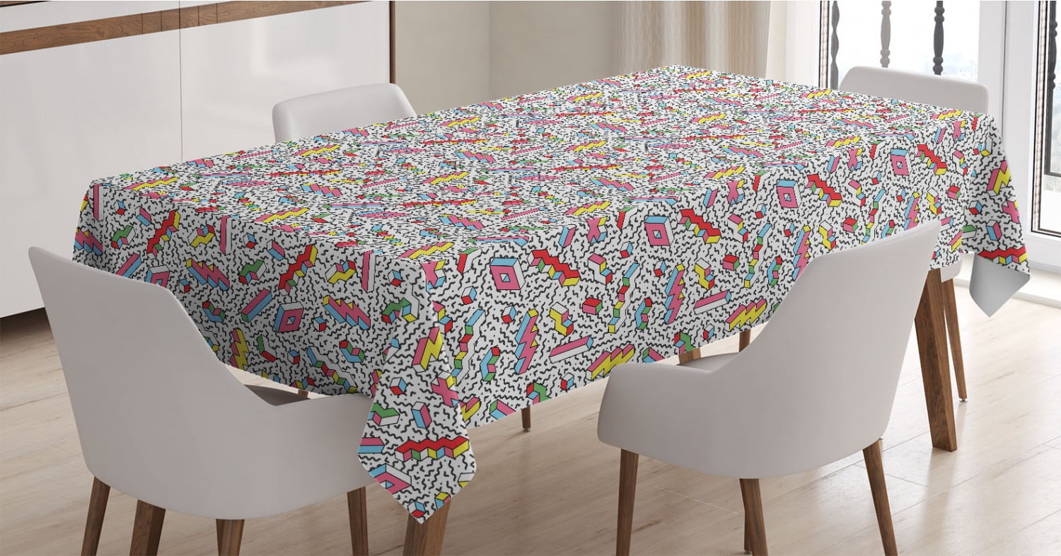 Funky Tablecloth, Memphis Pattern with Mosaic 3D Shapes Eighties and
