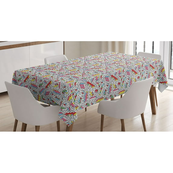 Funky Tablecloth, Memphis Pattern with Mosaic 3D Shapes Eighties and Nineties Style Colorful Design, Rectangle Satin Table Cover Accent for Dining Room and Kitchen, 60" X 90", Multicolor, by Ambesonne