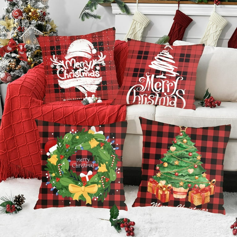 Merry Christmas Red Plaid Washable Linen Pillowcase Xmas Tree