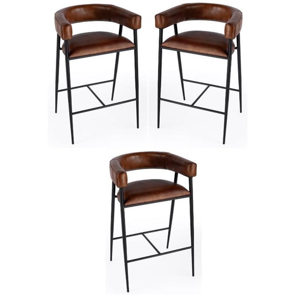 Home Square Leather and Iron Bar Stool in Brown - Set of 3