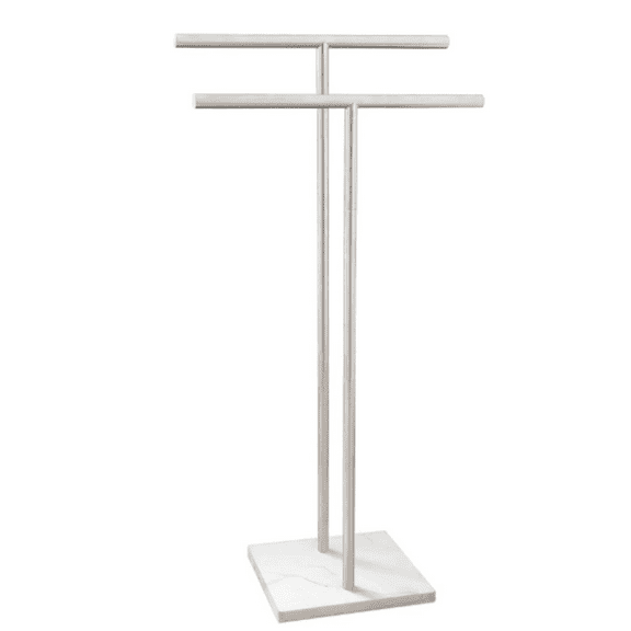 40 Inch Standing Towel Rack Double-T Shape Tall Bath Towel Sheet Holder with Marble Design Base for Bathroom Floor Next to Tub or Shower 2 Tier Towel Holder Stand Stainl Steel Brushed Nickel