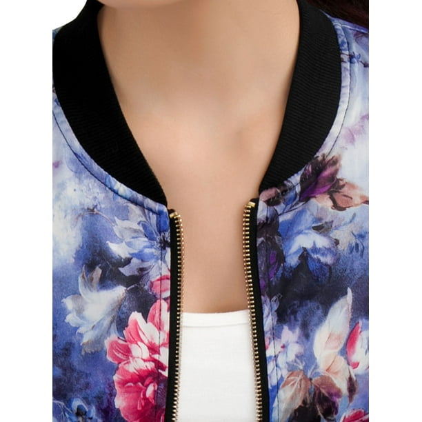 Unique Bargains Women Long Sleeves Zipper Fly Flower Print Stylish Jacket  Blue S