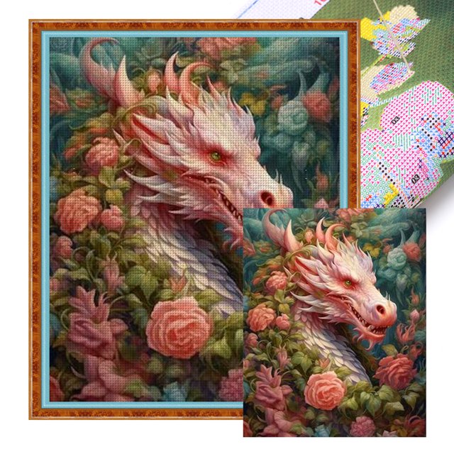 Hilo Algodón Ecológico Bordado Punto Cruz Dragón Flores Con 11CT 50x60cm