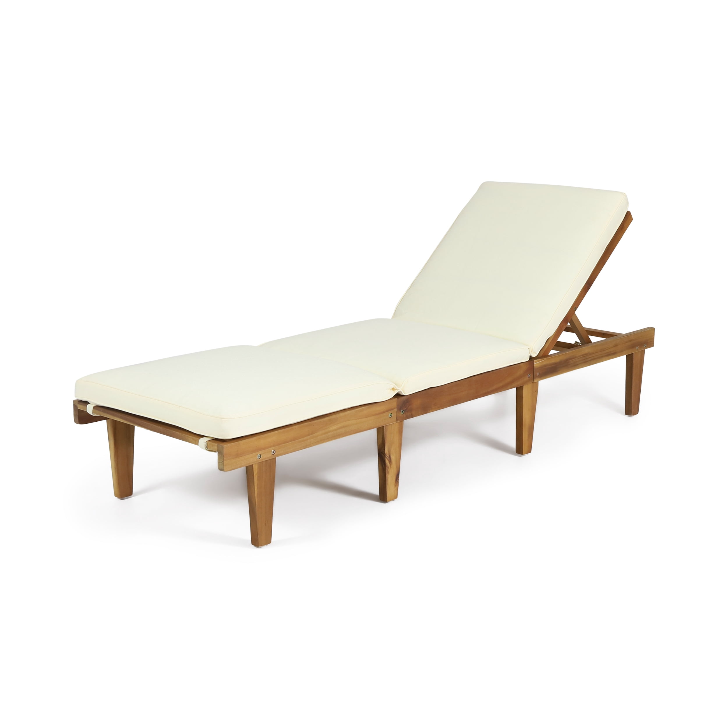 Outdoor Cushioned Wood Frame Chaise Lounge, Comfort Poolside Recliner for Patio Garden, Teak