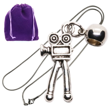 Vintage Style Action Camera Pendant Necklace For Film Fans, Silver Tone Film Camera Jewelry With Charm And Purple Drawstring Pouch