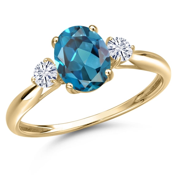 Gem Stone King 10K Yellow Gold London Blue Topaz and White Moissanite 3-Stone Ring for Women | 1.70 Cttw | Oval 8X6MM | Gemstone November Birthstone | Size 9
