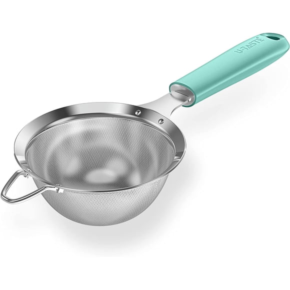 18/8 Stainless Steel Mesh Strainer: U-Taste 3.9 Inch Kitchen Fine Mesh Sieve Food Colander with Riveted Sturdy Silicone Handle and 30 Mesh Hole for Straining Flour, Pasta, Fruit, Quinoa (Aqua Sky)