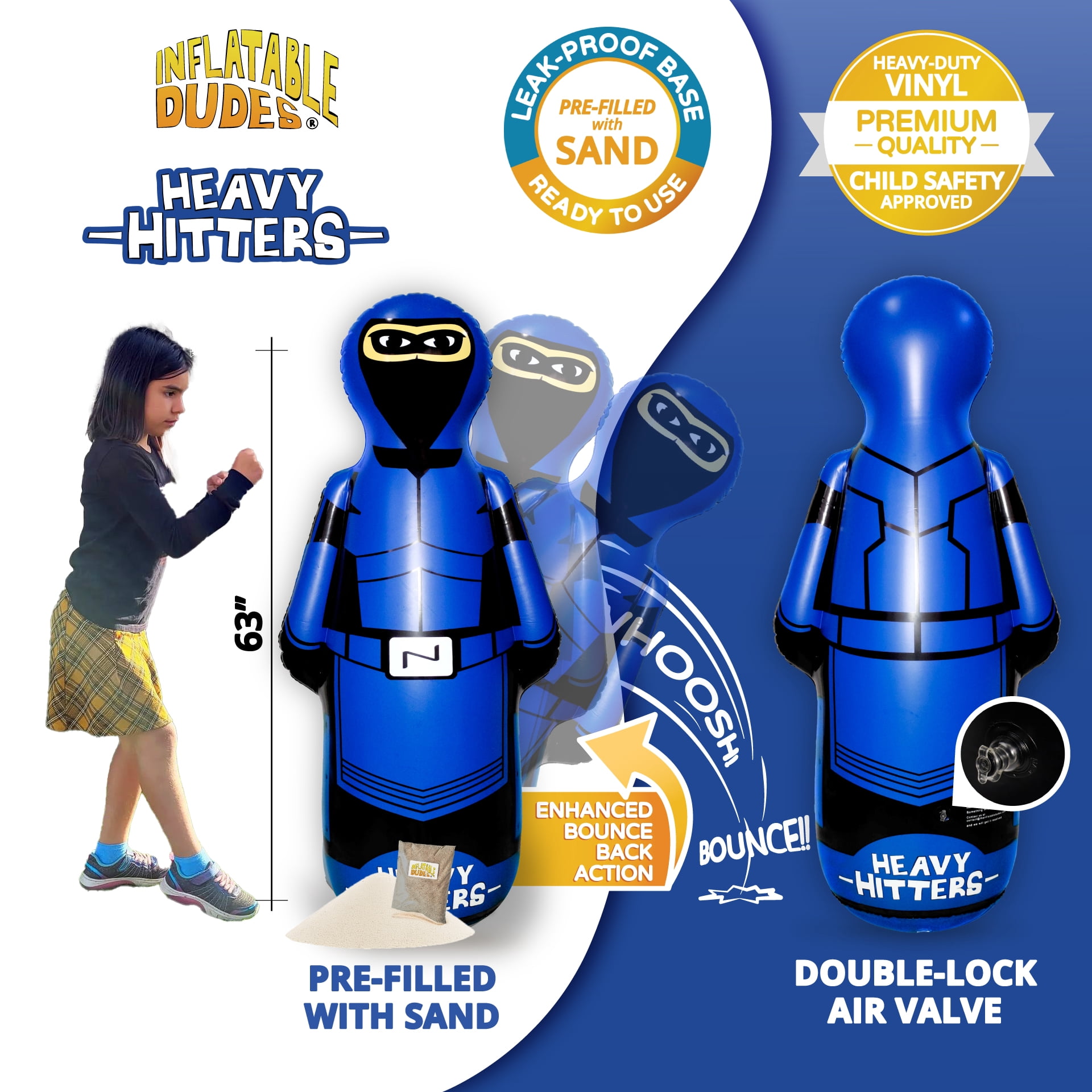 INFLATABLE DUDES Large Ninja 63 inches - Kids Punching Bag |Filled with Sand