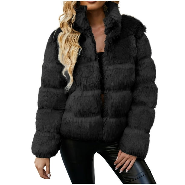 EINCcm Faux Fur Coat Women Winter Coats for Women Plus Size Fur Coats for Women  Women's Ladies Warm Faux Furry Coat Jacket Winter Solid V-neck Outerwear  Black M 