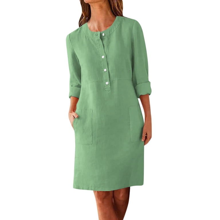 Plus Size Long Dresses for Spring Women's Button Straight Dress Crewneck  Loose Half Sleeve Solid Knee Length Dress Green L - Walmart.com