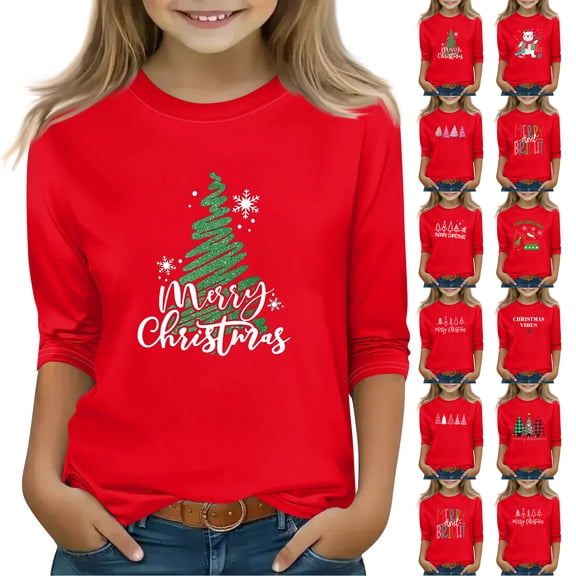 Drmagiyhm Girls Fashion 3/4 Sleeve Shirts Size 10-12 Casual Xmas Tree Print Stretchy Cute 3/4 Sleeve Tshirts Girl Fashion Crewneck Snowflake Blouse Red 11-12 Years