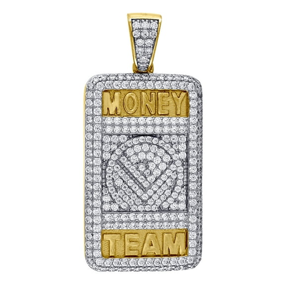 Yellow-tone 925 Sterling Silver Mens Round Cubic Zirconia Money Team Pendant Necklace for Men