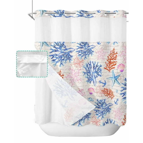 No Hook Shower Curtain with Snap in Liner, Summer Vintage Ocean Blue and Orange Coral Hotel Shower Curtains for Bathroom, Washable Shower Curtain Liner Set with Mesh Top Window, 72”x78”