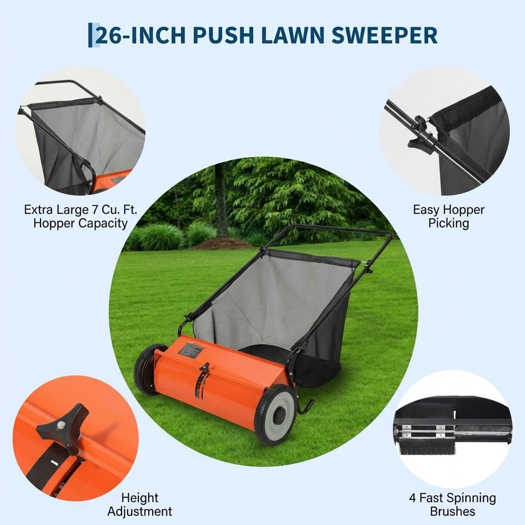 26-Inch Push Leaf Collector, 7 Cubic Feet Hopper Lawn Sweeper with 4 Rotating Brushes, Heavy-Duty Steel Frame for Yard/Driveway/Patio Cleaning, Orange